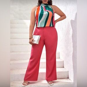 High-Rise Wide-Leg Pants in Coral Pink with  Color block halter top